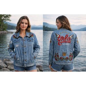 Young & Reckless Women’s MEDIUM Distressed Blue Denim Embroidered Cotton Jacket